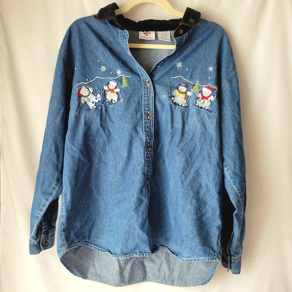 Vintage Women's L Denim Embroidered Christmas Shirt Top Snowman Button 80s 90s